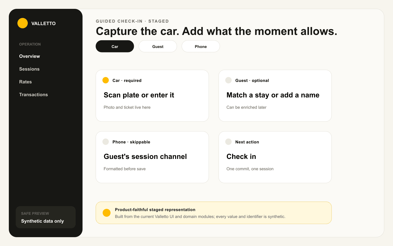 Staged current Guided Check-In composer showing Car, Guest, and Phone lanes, with Car marked required and a single Check in action.